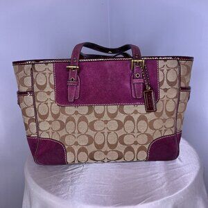 Coach Tan and Raspberry, Leather Suede Canvas, Shoulder Tote